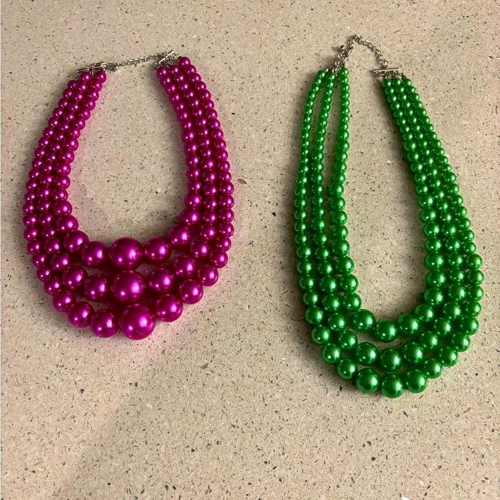 Vibrant Pink and Green Beaded Faux Pearl Necklaces